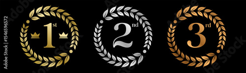 Award Winner Set Vector Illustration. Figures 1, 2, 3 In A Realistic Gold Silver Bronze with Laurel Wreath . Competition Game Concept. Isolated on black