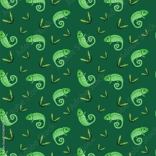 Tropical animal pattern with chameleons and insects in green tones.