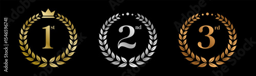 Award Winner Set Vector Illustration. Figures 1, 2, 3 In A Realistic Gold Silver Bronze with Laurel Wreath . Competition Game Concept. Isolated on black