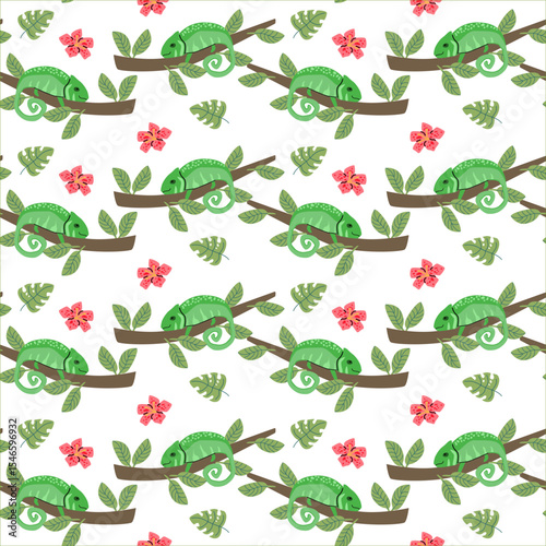 Tropical animal theme with chameleons and exotic flowers for textile and wallpaper design.