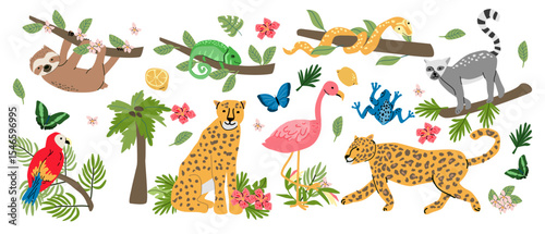 Colorful tropical animals illustration featuring cheetahs, lemurs, and exotic birds for nature design.