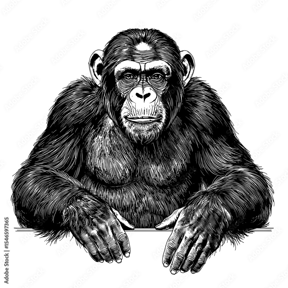 Fototapeta premium A detailed hand-drawn illustration of a chimpanzee gazing intensely. The grayscale artwork brings forth the ape's distinctive fur and expression. vector illustration