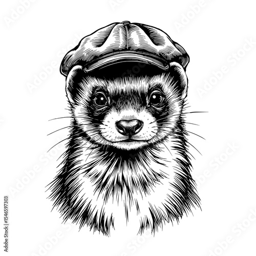 A sophisticated ferret sports a classic hat, captured in a detailed vector illustration, exuding a charm that is both witty and endearing.