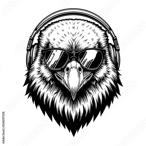 A cool Eagle wearing sunglasses and a headset, a striking monochrome vector illustration, capturing a sense of style and independence. 