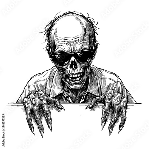 A chilling pen and ink illustration depicts a menacing skeleton peering over a blank sign, with eerie sunglasses, exuding an unsettling aura.