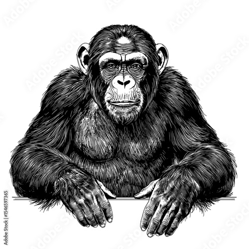 A detailed hand-drawn illustration of a chimpanzee gazing intensely. The grayscale artwork brings forth the ape's distinctive fur and expression. vector illustration