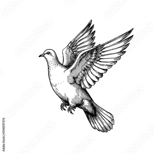 A graceful dove soars through the air, captured in an elegant, hand-drawn illustration, showcasing its outstretched wings and symbolic representation. vector illustration