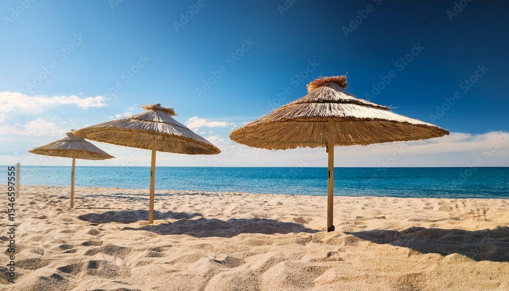 Fototapeta premium straw umbrellas on a sandy beach close up sunny day at sea summer holiday