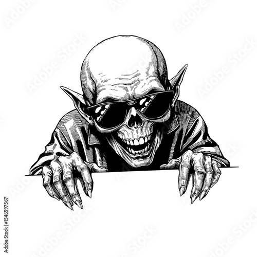 A menacing sketch showcases a grinning skull wearing stylish sunglasses, creating a spooky and eye-catching illustration for Halloween. vector illustration