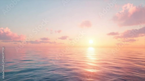 Serene sunset over calm ocean; pastel hues paint the sky and water