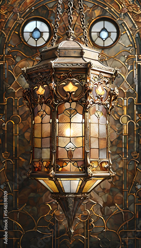 antica lanterna di vetro e metallo in stile gotico, ancient glass and metal lantern in Gothic style