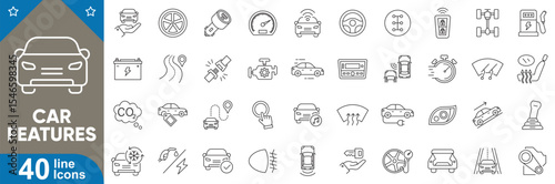 Car features line editable icons set. vector illustration in modern thin stroke style showcasing automotive components, smart technology, safety features, dashboard symbols, and more.