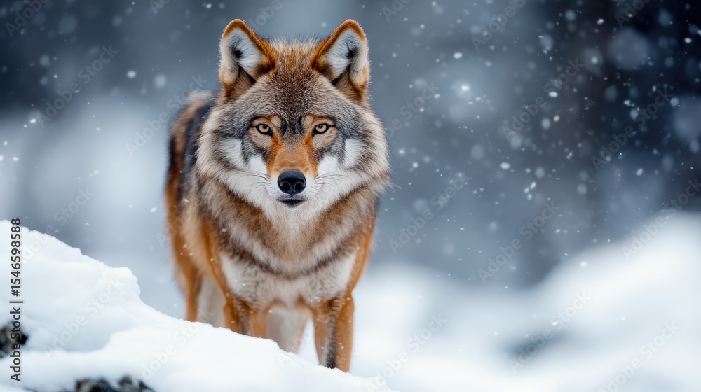 Obraz premium A stunning image of a lone wolf standing proud in a snowy landscape, capturing its beauty and strength, evoking a sense of wilderness and the wild spirit of nature.