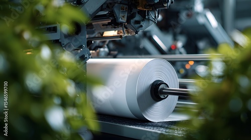 Macro Detailed Image of a White Paper Roll at a Modern Printing Press Embedded in a Dynamic Industrial Setting with Subtle Natural Foliage