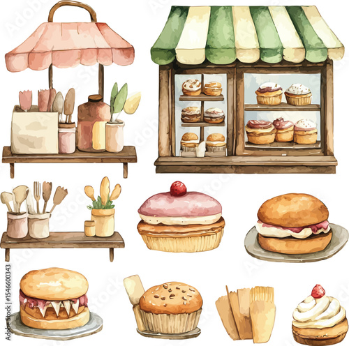 A vibrant vector illustration set of sweet cakes, desserts, and bakery icons