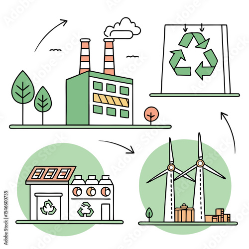 Illustrated depiction of environmental sustainability with factory recycling and wind energy sources shown