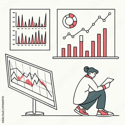 A woman analyzes data presented on charts and a computer screen in a modern office setting shown here