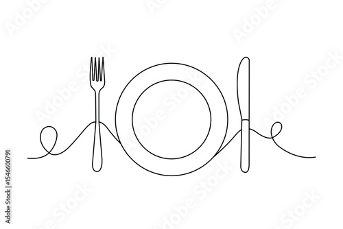 line fork knife and plate continuous one line drawing