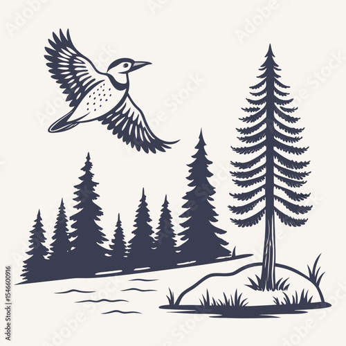 Illustration of a woodpecker in flight above a forest landscape with evergreen trees and water view
