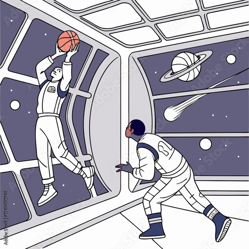 Two astronauts playing basketball inside a spaceship with a view of a planet and a comet in space