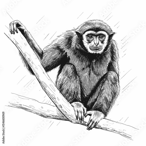 Silvery Gibbon – Hylobates moloch. Realistic monkey scratching head while seated on tree branch in expressive sketch style. Wildlife observation concept