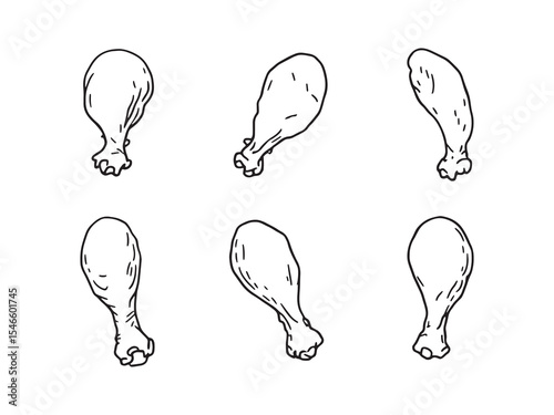 Set of Six Different Chicken Leg Black Line Art on White Background