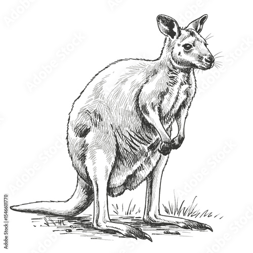 Tree Kangaroo – Dendrolagus spp. Realistic kangaroo standing upright drawn in vintage hand sketch style with fine details. Wildlife illustration concept
