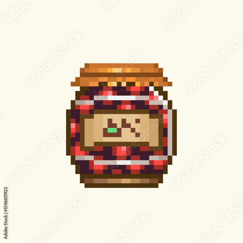 Jar of jam in pixel art. Jar of jam icon. Vector illustration of a Jar of jam in pixelart. Ideal for game and retro design, packaging, textiles and digital art projects.