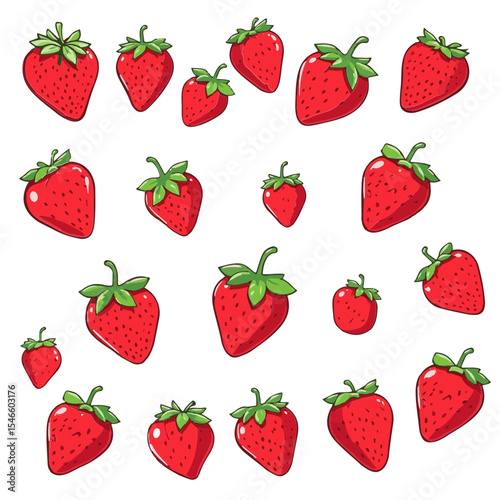A collection of hand-drawn red strawberries of various sizes, each with green leaves on a white background.
