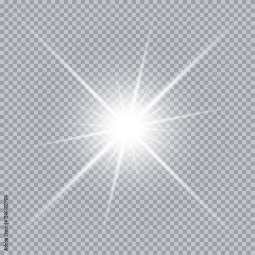 White glowing light burst explosion with transparent. Vector illustration for cool effect decoration with ray sparkles. Bright star. Transparent shine gradient glitter, bright flare. Glare texture.