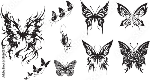 Black and White Tattoo Style Butterflies - Grunge, Tribal, and Ornate Insect Designs Collection