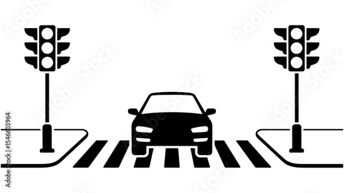 Black and white vector of a car at a pedestrian crosswalk with traffic lights