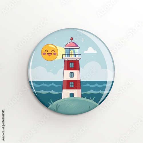 Emoji button lighthouse light blue sea ocean cloud day sun happy moon shine landscape logo free design vector illustration layer realistic cartoon mockup