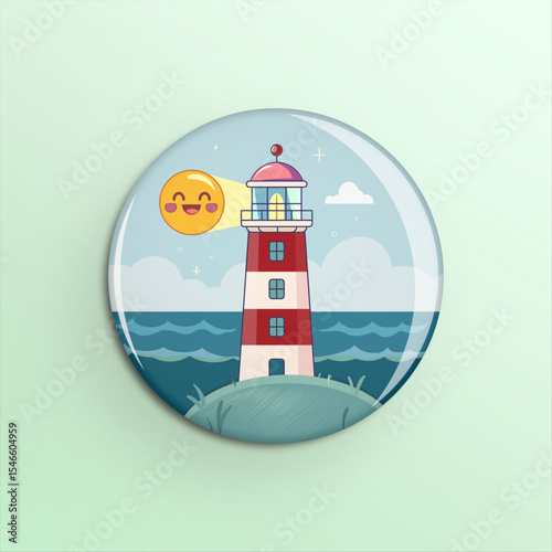 Emoji button lighthouse light blue sea ocean cloud day sun happy moon shine landscape logo free design vector illustration layer realistic cartoon mockup