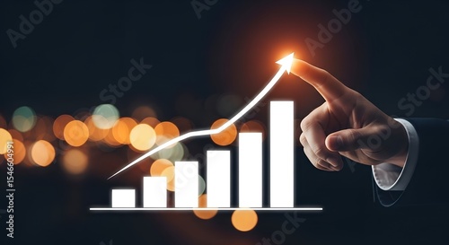 Business growth and progress displayed with hand touching arrow symbolizing success