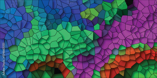 Abstract mosaic illustration with gradient colors and black outlines creating a stunning geometric pattern for artistic design or decorative use.