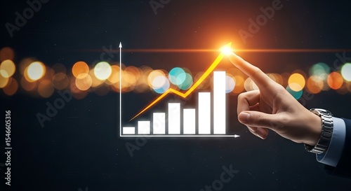 Businessman's hand touching a rising graph representing business growth and success