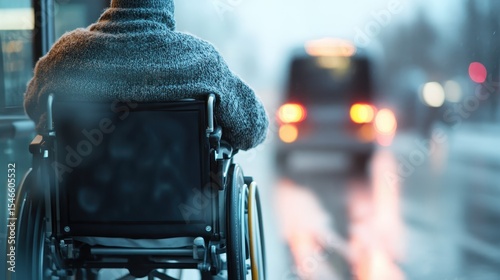 A thoughtful individual in a wheelchair waits at a bus stop, emphasizing themes of accessibility and resilience in a rainy urban setting.