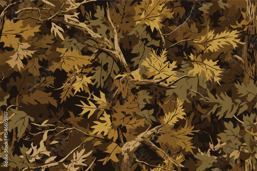  Hunting camouflage seamless pattern design. Camouflage background. Deer hunting, forest, jungle texture. Realistic tree seamless pattern.