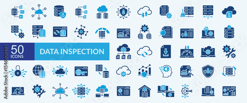 Data inspection icon collection set with data variety, network security, cloud storage, server performance, cloud sync