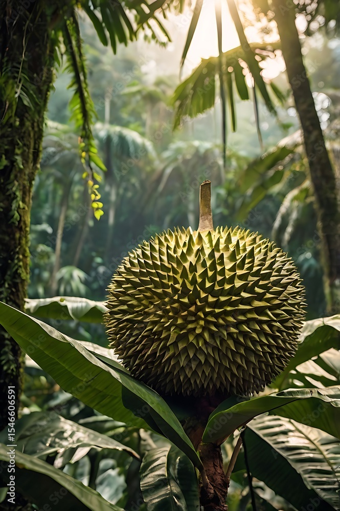 Fototapeta premium Ultra high resolution 8K image of a single perfectly ripe durian with sharp, spiky greenish-yellow skin, positioned prominently in the foreground. The background showcases the dense tropical rainfores