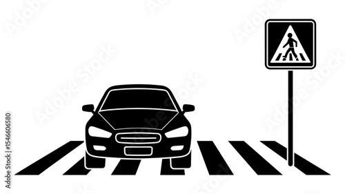 Black and white vector of a car approaching pedestrian crossing with road sign