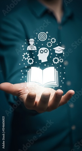 Knowledge and education symbols floating above an open book held in a hand