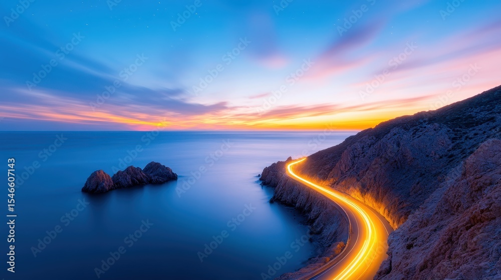 Fototapeta premium A stunning image of a coastal highway winding along the sea during twilight, showcasing the beauty of nature and the mesmerizing light of sunset reflected on the water.