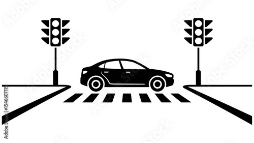 Side view of a car at a traffic light with pedestrian crosswalk in black and white vector