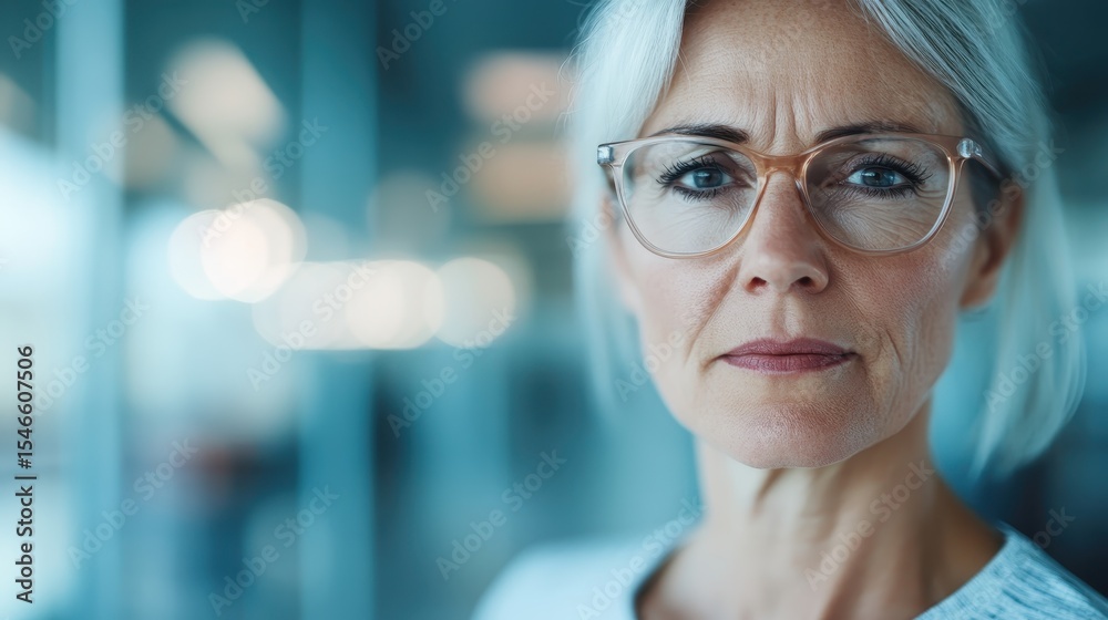 A confident older woman with glasses displays a serious expression in a modern environment, encapsulating wisdom, experience, and the strength of character in her gaze. A confident older woman with glasses displays a serious expression in a modern environment, encapsulating wisdom, experience, and the strength of character in her gaze.