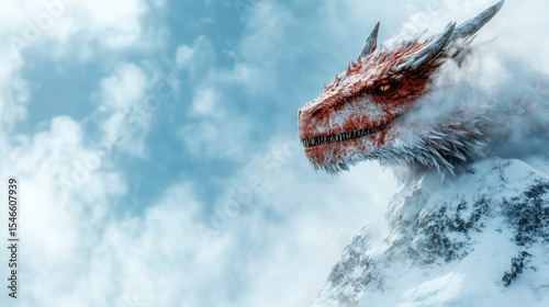 This breathtaking image depicts a red dragon majestically surveying a snowy landscape, evoking epic fantasy themes of adventure, power, and mythical beauty in cold settings.