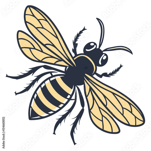 A crisp and minimalistic vector illustration of a honey bee in silhouette style. The design features detailed wings, segmented body, and antennae, capturing the essence of this important pollinator. 