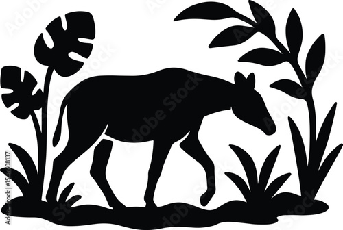 Silhouette tapir walking through tropical jungle vegetation vector illustration
