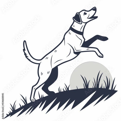 A bold and expressive vector illustration of a barking dog, captured in a dynamic pose with an open mouth and alert stance. Designed in a clean black silhouette or outline style,